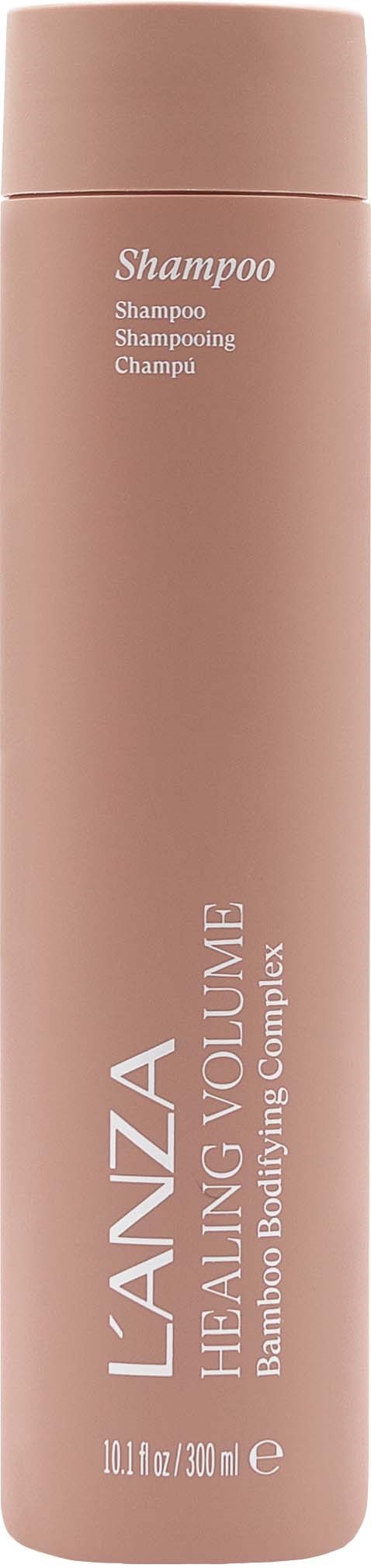 Eine rosa Shampoo-Flasche mit dem Label "L'ANZA Healing Volume" und 300 ml Kapazität.