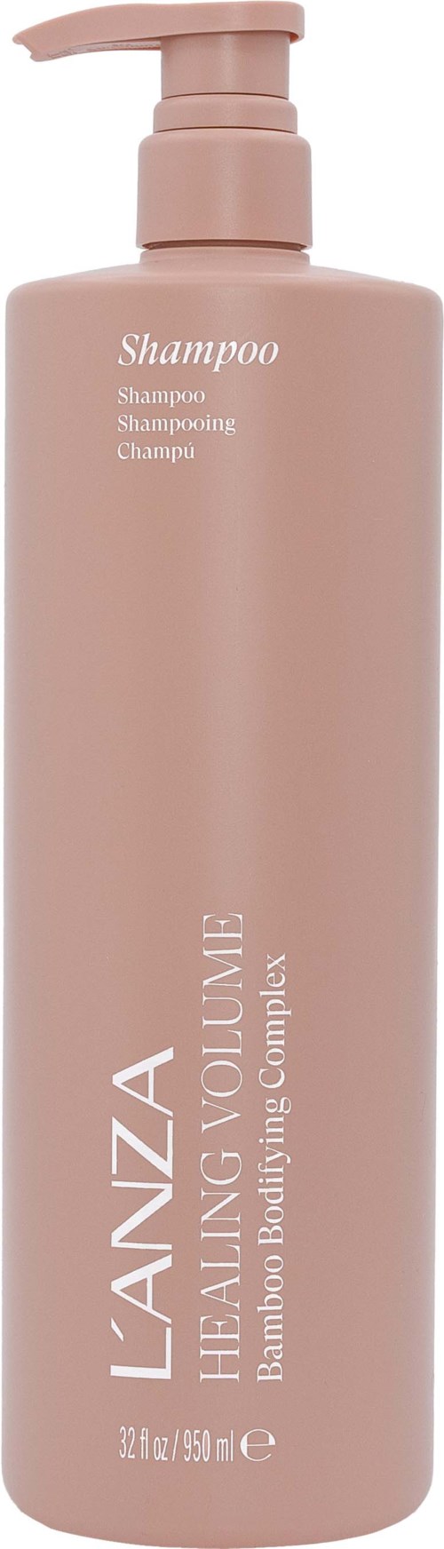 Een lange, roze shampoo fles met een pomp en productnaam in witte tekst.