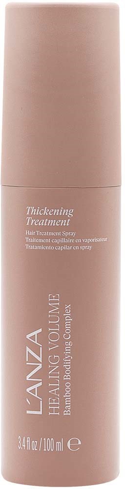 Een lange, roze fles Lanza Healing Volume haarspray voor volume en versteviging.