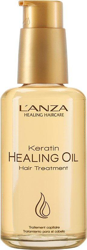 Een gouden fles met pomp, gelabeld als L'ANZA Keratin Healing Oil voor haarbehandeling.
