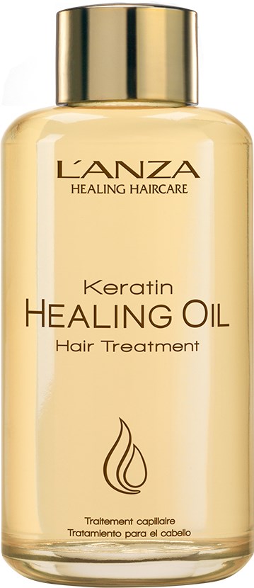 Flesje L'ANZA Keratin Healing Oil Hair Treatment met gouden deksel en label, voor haarverzorging.