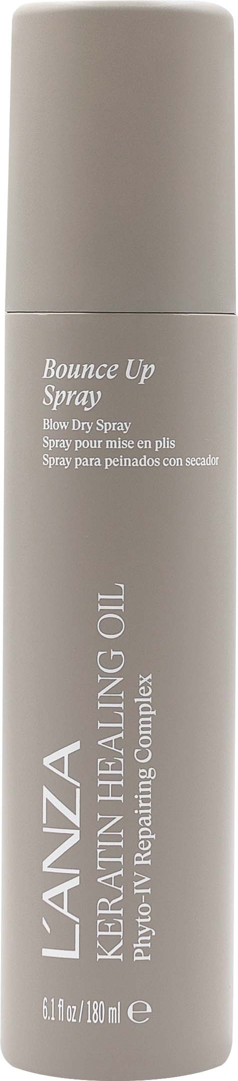 Een lange, grijze spuitfles met L'ANZA Healing Hair Oil en Bounce Up Spray.
