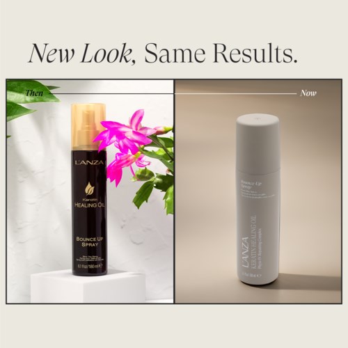 Toont voor- en na-afbeeldingen van een haarproductverandering, met nadruk op een nieuwe look en dezelfde resultaten.