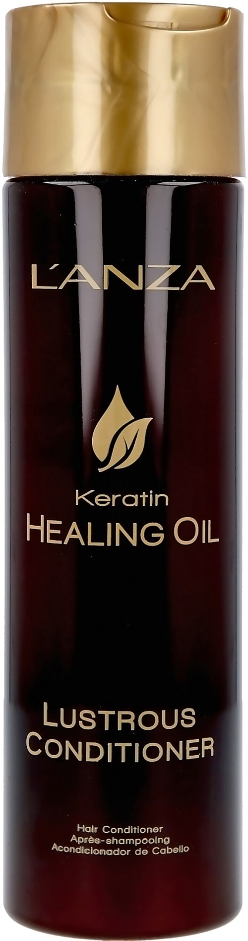 Een lange donkere fles met een gouden dop, gelabeld L'ANZA Keratin Healing Oil en Lustrous Conditioner.