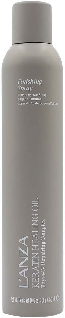Een lange, witte spraybus met grijze dop, labeled "LANZA" en "Finishing Spray" voor haarstyling.