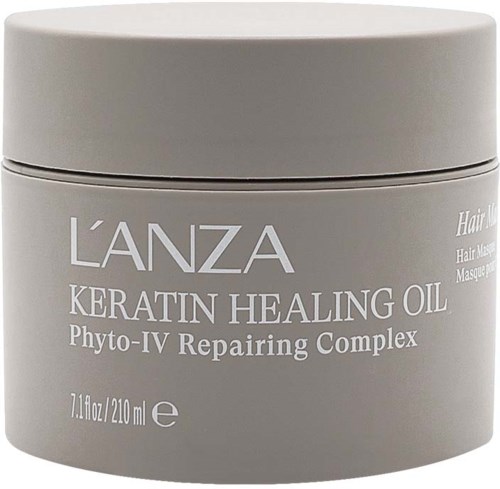 Een grijze container van L'ANZA Keratin Healing Oil met Phyto-IV Repairing Complex voor haarverzorging.