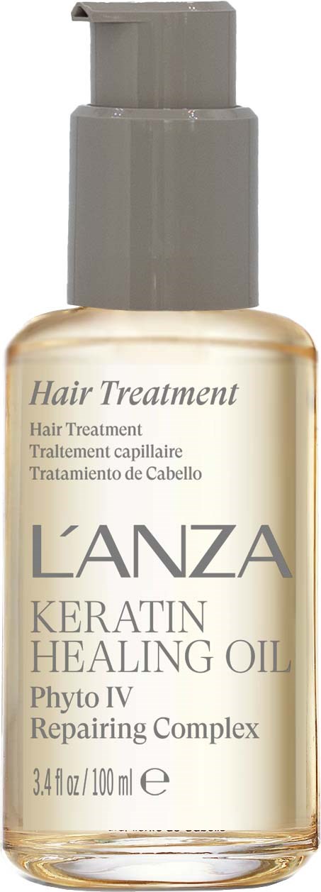 Een kleine fles haarbehandelingenolie met een grijze pomp, gelabeld L'ANZA Keratin Healing Oil.