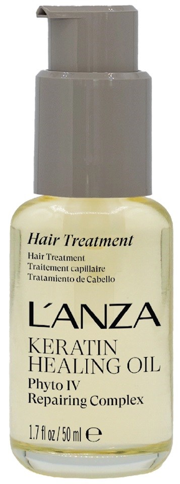Liten flaska med hår olja kallad L'ANZA Keratin Healing Oil med en grå pump.