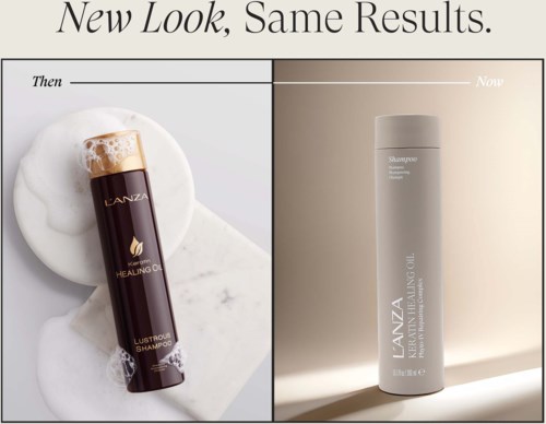 Bilden visar gamla och nya schampoflaskor med texten "New Look, Same Results." Gamla flaskan är mörk, nya är ljusgrå.