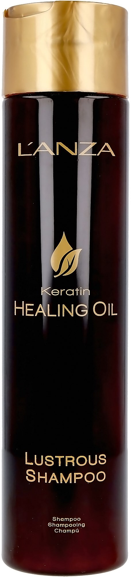 Een lange, donkere fles met een gouden dop met L'ANZA Keratin Healing Oil en Lustrous Shampoo.