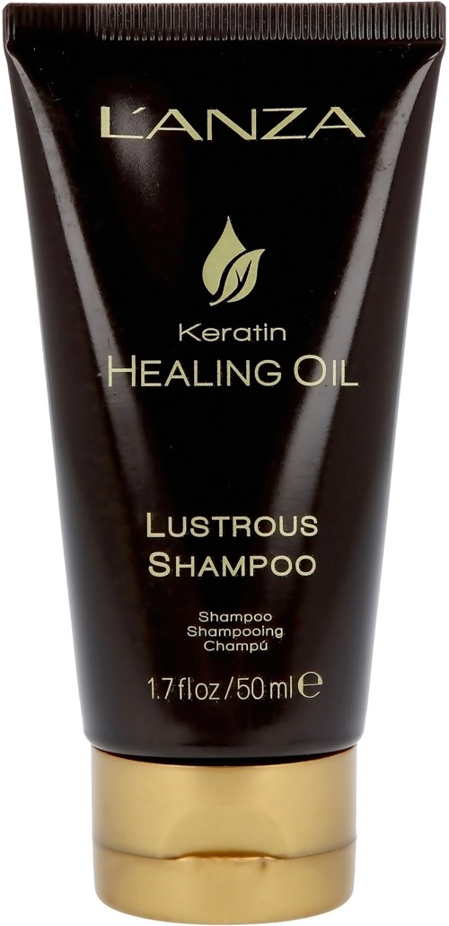Svart och guld tub med Lanza Keratin Healing Oil Lustrous Shampoo, 50 ml.