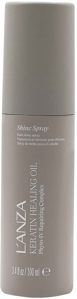 A tall, light gray bottle labeled Lanz Keratin Healing Oil and Shine Spray, 3.4 oz, with a simple design.
