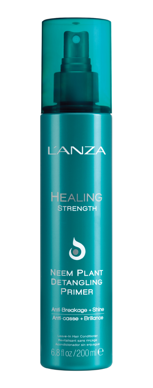 A teal spray bottle with white text, labeled as LANZA Healing Strength Neem Plant Detangling Primer.
