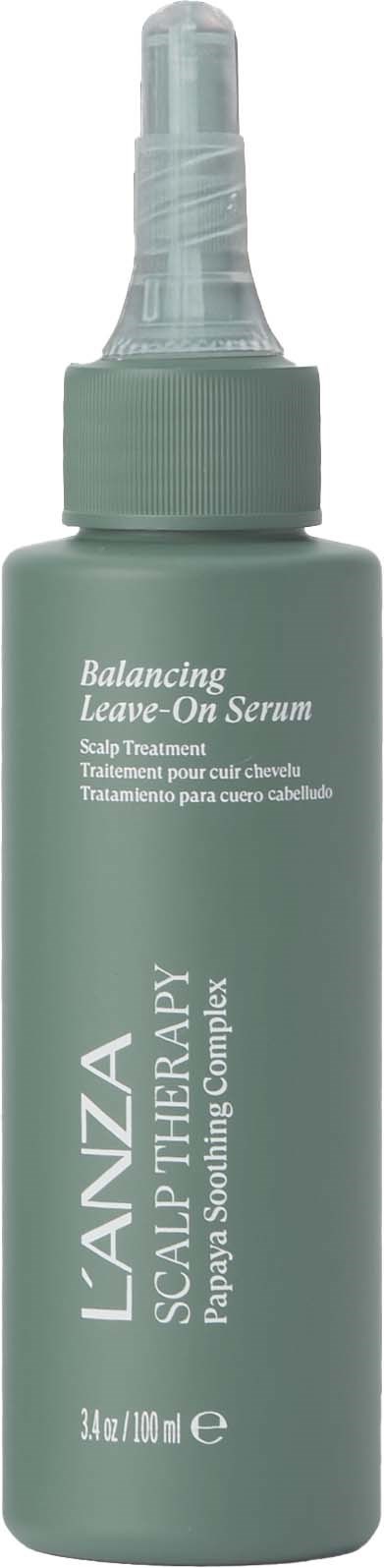 Green bottle of Lanza Scalp Therapy Balancing Leave-On Serum for scalp treatment with pump dispenser.
