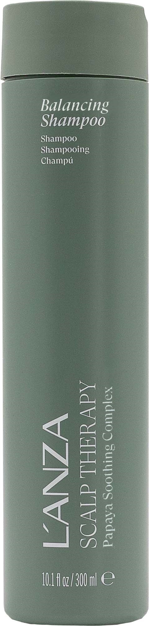 Eine lange, graue Flasche mit Balanza-Shampoo für Kopfhauttherapie, mit einfachem Etikett und Deckel.
