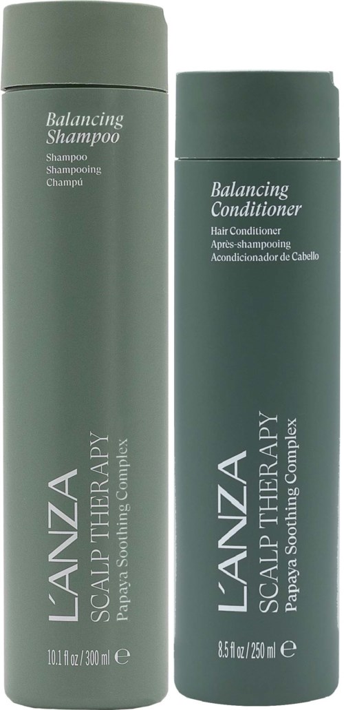 Kaksi vihreää hiustenhoitopulloa, shampoo ja hoitoaine, L'ANZA Scalp Therapy -sarjasta.