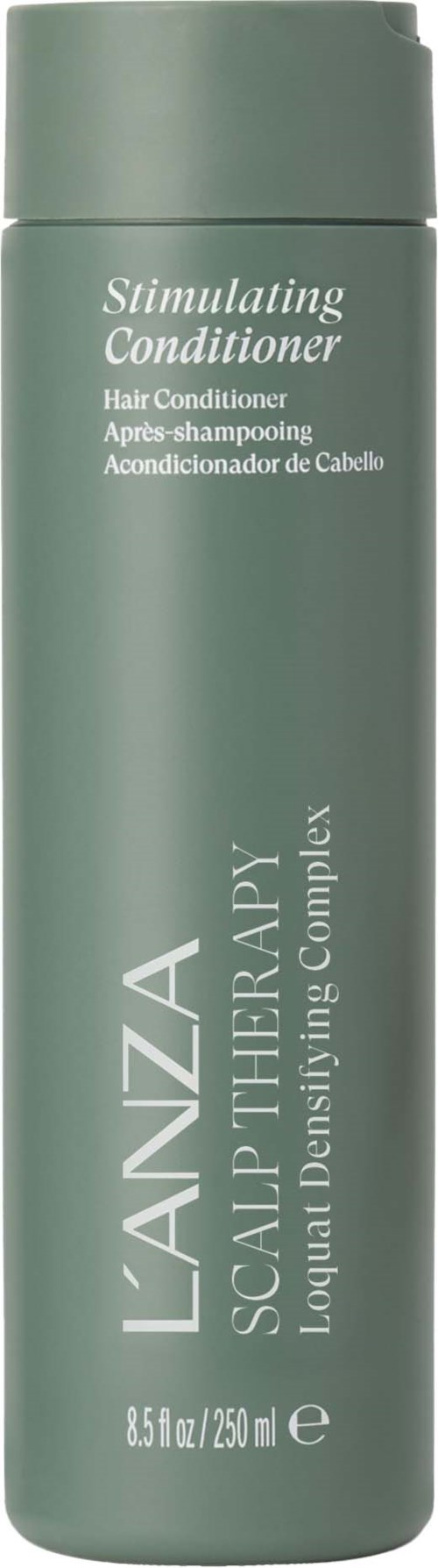 Green bottle of scalp therapy complex hair conditioner with white text, detailing ingredients and brand name.