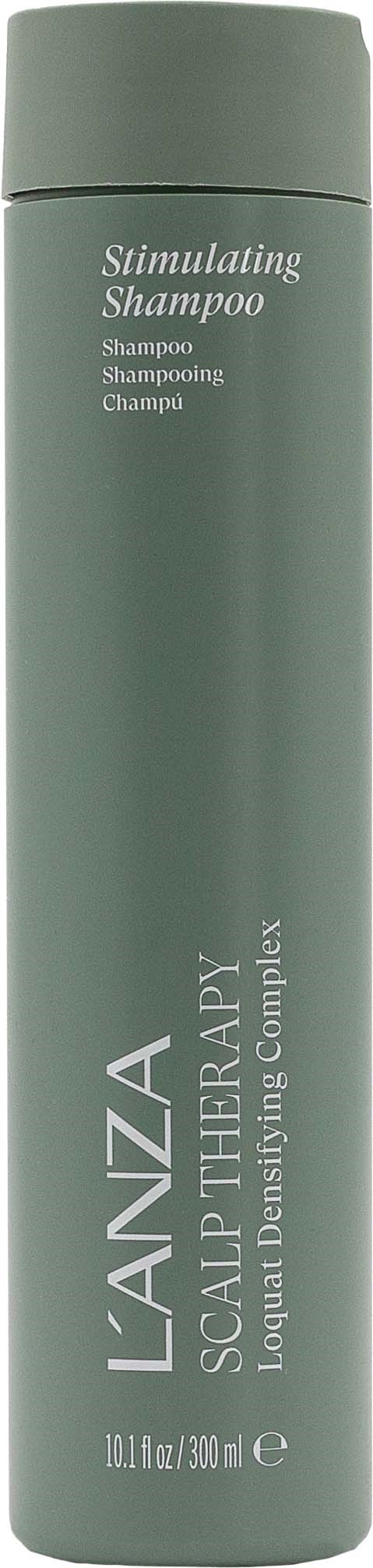 Pitkä, harmaa shampoolasi, jossa lukee 'Stimulating Shampoo' hiusten kasvulle. Nimi 'LanzA Scalp Therapy.'