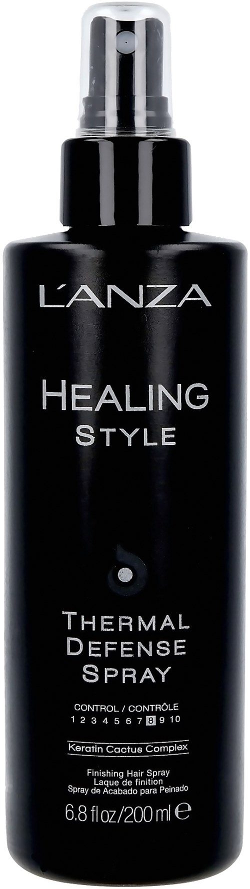 Een zwart sprayflesje met L'ANZA Healing Style Thermal Defense Spray voor haarbescherming.