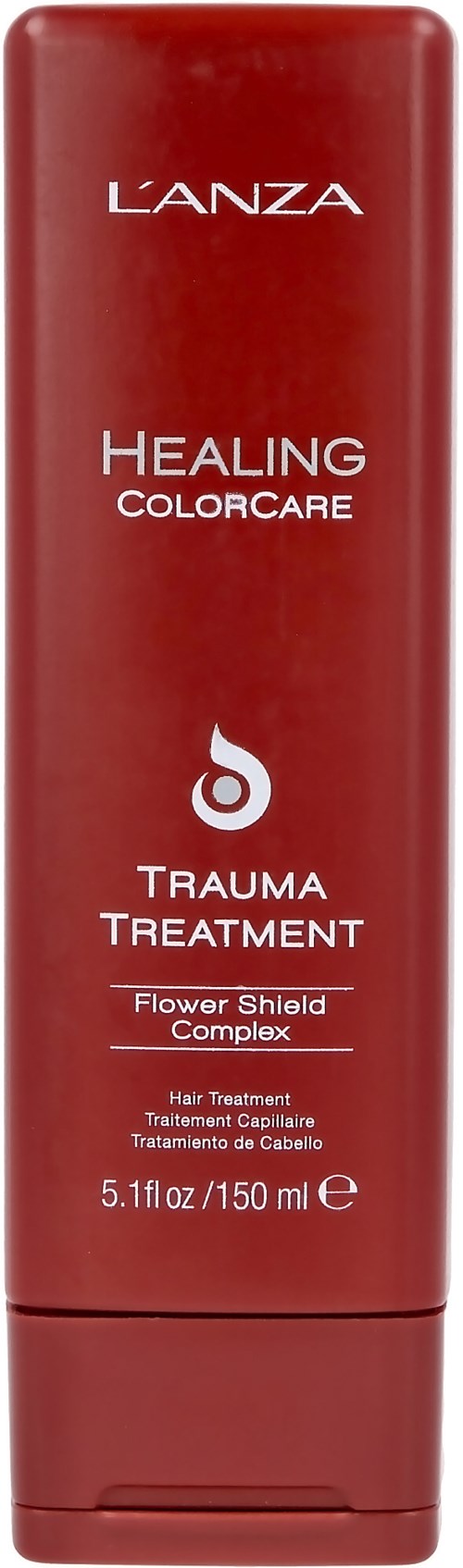 Röd flaska märkt Healing Colorcare för trauma, floral shield complex, 150 ml.