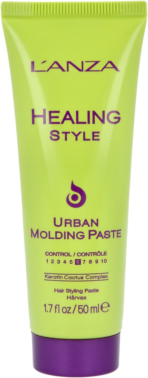 Grüne Tube mit lila Deckel, beschriftet mit 'L'ANZA Healing Style Urban Molding Paste' für Haarstyling.