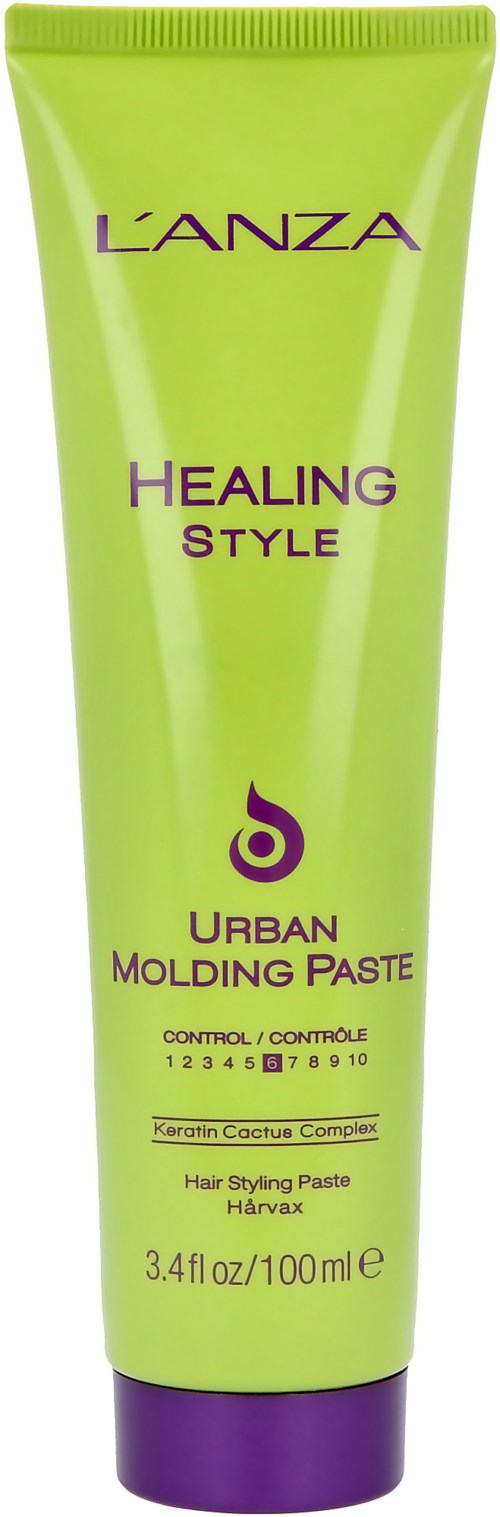 Grönt rör med L'ANZA Healing Style Urban Molding Paste och lila lock, används för hårstyling.