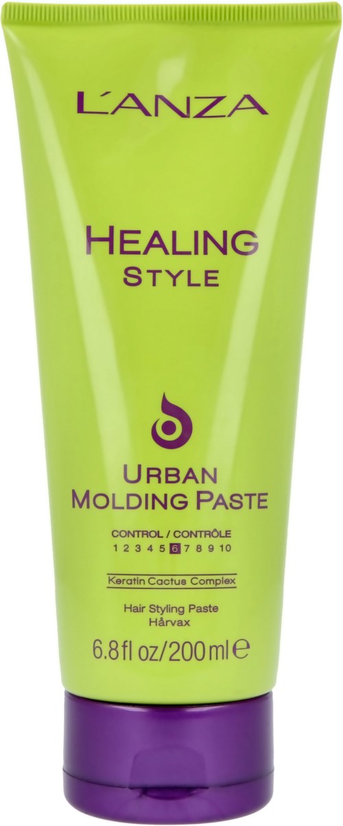 Eine grüne und lila Tube L'ANZA Healing Style Urban Molding Paste für Haarstyling.