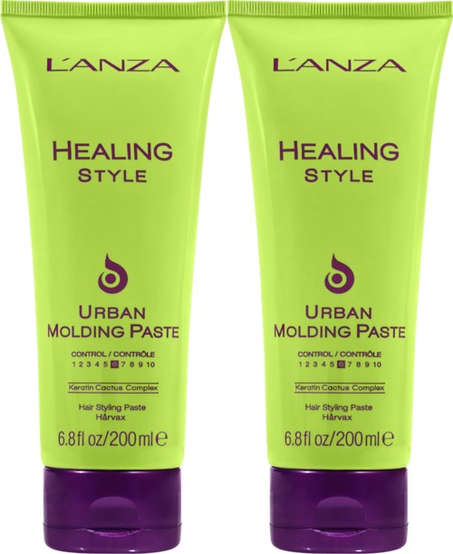 Two tubes of L'ANZA Healing Style Urban Molding Paste with green packaging and purple cap.