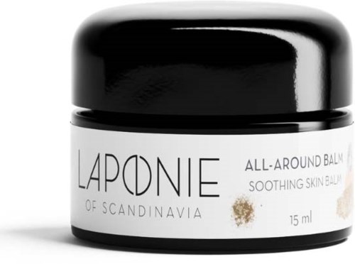 A small jar labeled Laponie all-around balm, soothing skin. The jar is black and white with some brown spots.