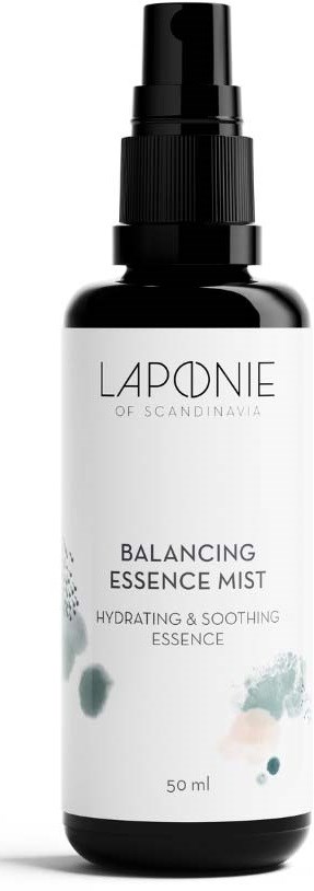 A black spray bottle labeled Laponie with white and pastel-colored design, described as balancing essence mist for hydration and calming.