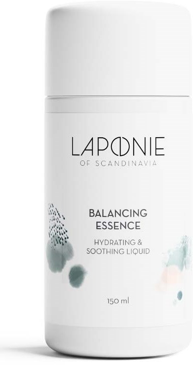 A white bottle of Laponie Balancing Essence with light blue and gray watercolor design, 150 ml size, for hydration and soothing.
