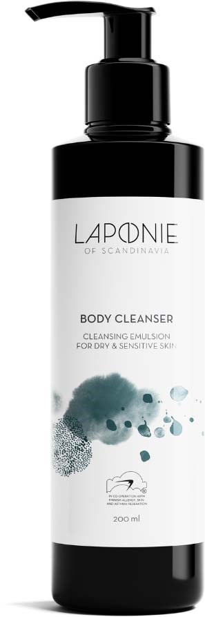 A black and white bottle of Laponie body cleanser with a pump, suitable for dry and sensitive skin.
