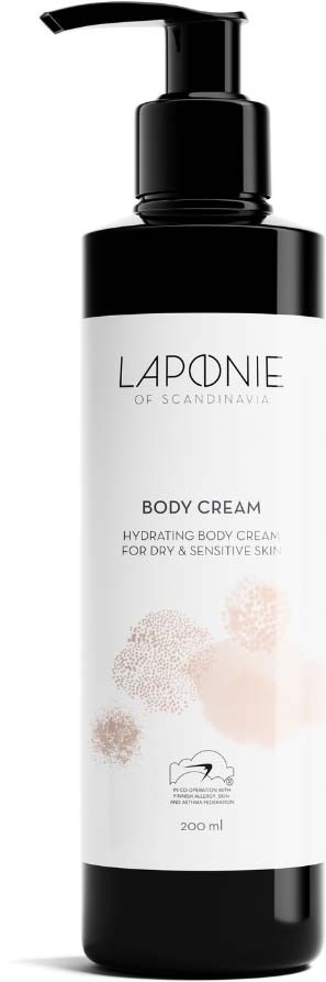 A black and white bottle of LAPONIE body cream with a pump, labeled for hydrating skin for sensitive skin, 200ml.