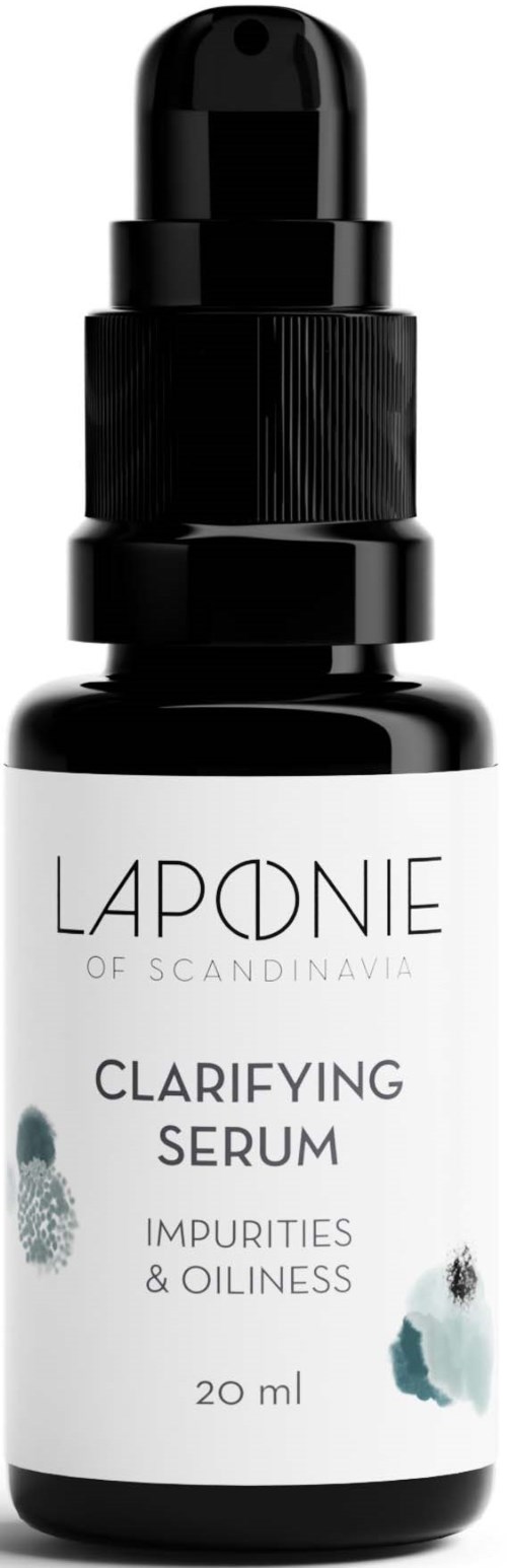 A black and white bottle labeled 'Lapdonie Clarifying Serum' for impurities and oiliness, with a spray top.