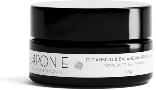 A black and white jar labeled 'LAPONIE CLEANSING & BALANCING FACE' with powder to gel formula, 32 grams.