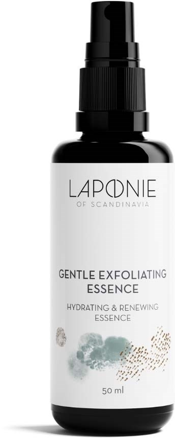 A black and white bottle of skincare product labeled LaDonie, gentle exfoliating essence, hydration and renewal, 50 ml.