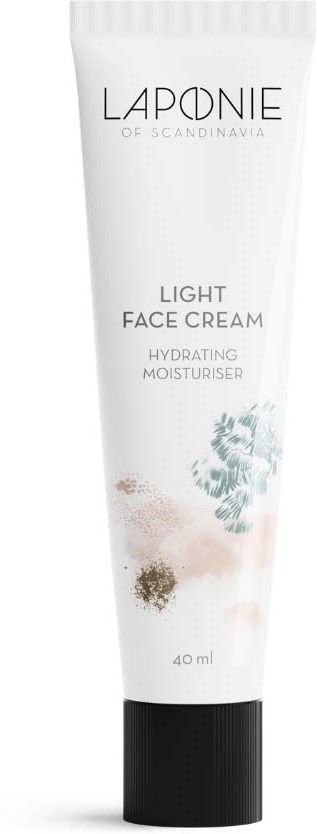 A white tube of face cream with black cap, labeled 'LAPONIE Light Face Cream, Hydrating Moisturiser, 40 ml' and plant graphics.