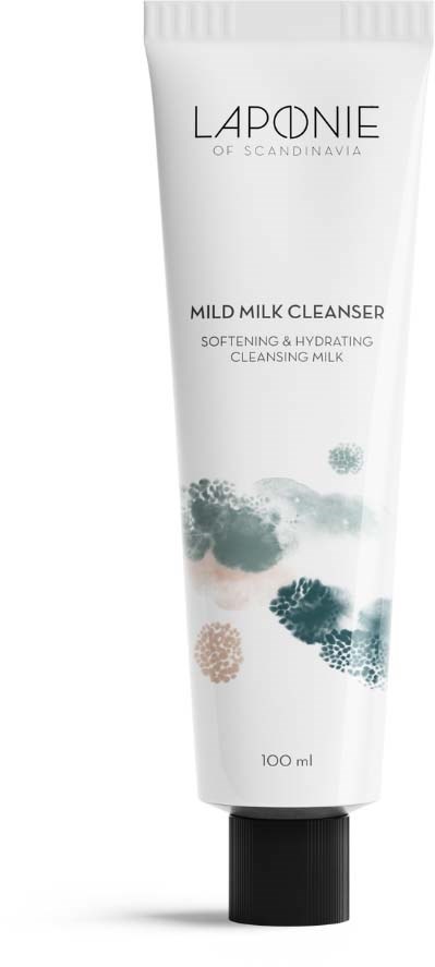 A white tube labeled 'LAPADNIE' with a black cap, containing a skincare product called 'Mild Milk Cleanser' with abstract designs.