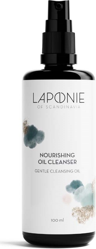 A black spray bottle with a white label and colorful abstract design, labeled Lapone Nourishing Oil Cleanser, 100 ml.