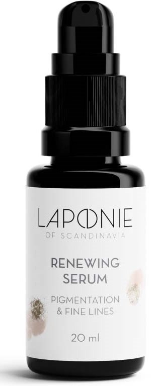 A small black and white bottle with a pump, labeled Laponie Renewing Serum for pigmentation and fine lines.