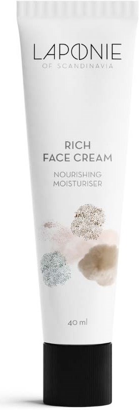 White tube with black cap, labeled Laponie, rich face cream, nourishing moisturizer, 40 ml, with color swatches.