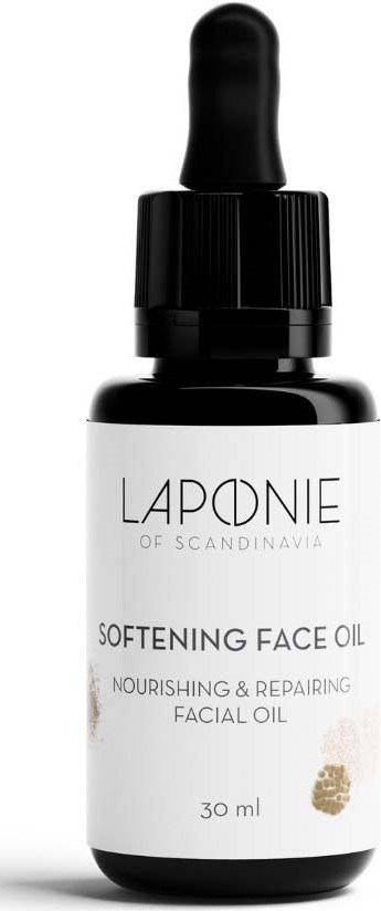 Black bottle with a dropper cap labeled 'LAPONIE SOFTENING FACE OIL' for nourishing and repairing skin. It holds 30 ml.