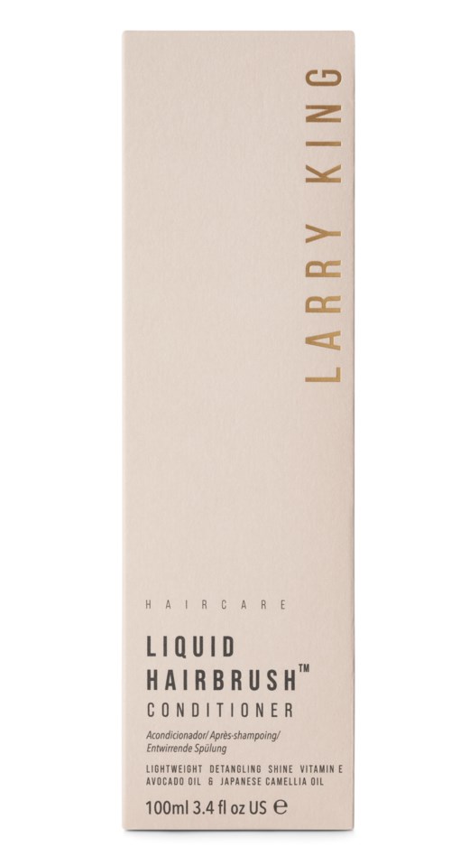 Ein langer weißer Karton mit goldener Schrift für Larry King flüssiger Haarbürsten-Conditioner, 100ml.