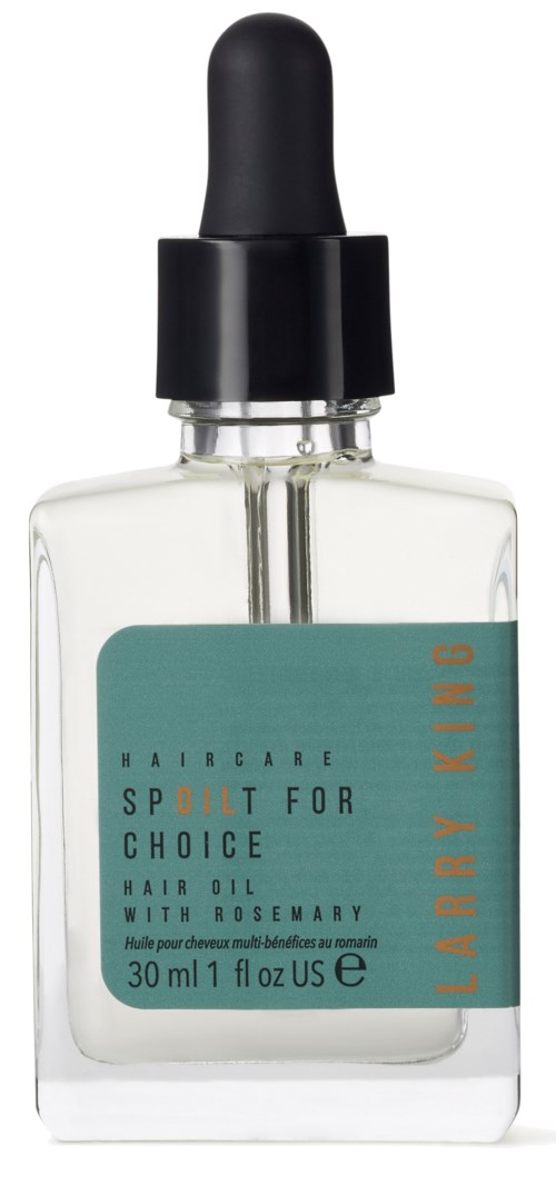 Klare Flasche mit schwarzem Tropferdeckel, enthält Haaröl mit Rosmarin und Jojoba, 30 ml.