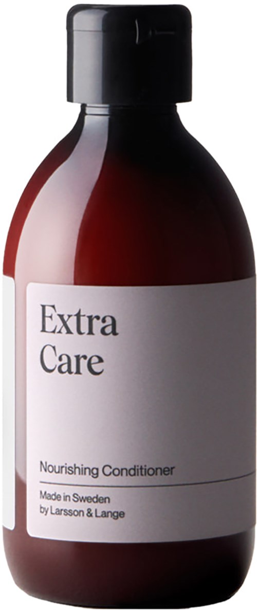 Een bruine fles met een zwart deksel, gemarkeerd 'Extra Care Nourishing Conditioner' uit Zweden.