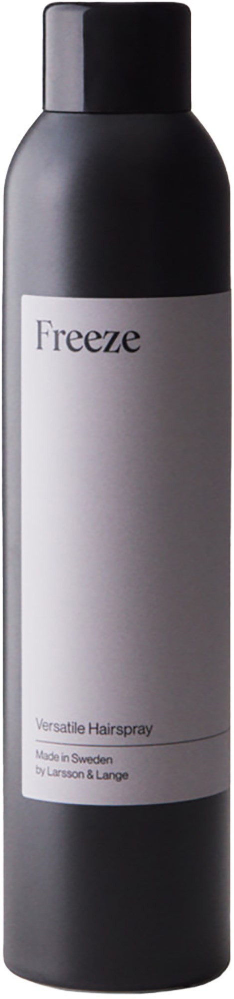 Een zwarte cilindervormige fles met een grijze label die zegt "Freeze" en "Versatile Hairspray."