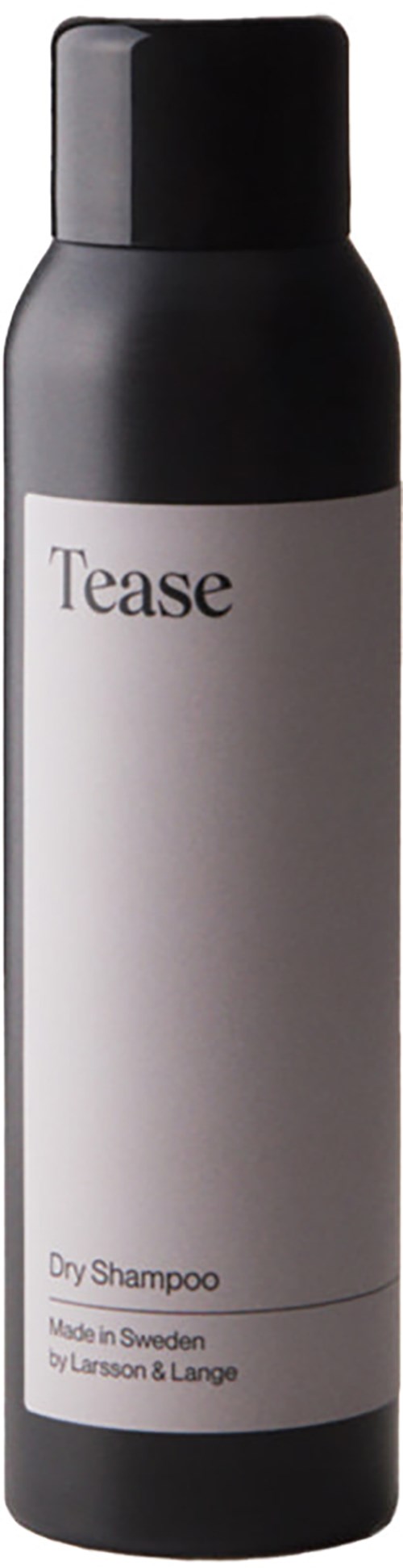 Een zwart-witte fles met het label 'Tease' voor droogshampoo.