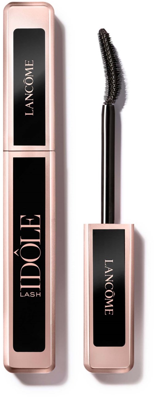A mascara tube with a curved brush inside, pink and black packaging, labeled 'Lancôme Lash Idole'.