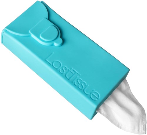 Eine blaue Taschentuchbox mit einem halb herausgezogenen Taschentuch und der Aufschrift "Last tissue".