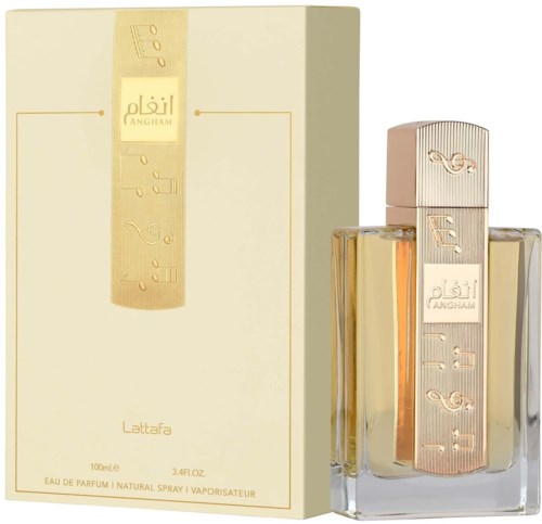 A perfume bottle and box with gold and pink design, featuring the brand name and decorative elements.
